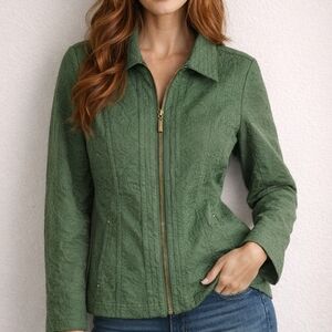 Coldwater Creek Size 12 Thyme Green Textured Jacquard Zip Front Jacket Career